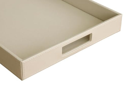 HofferRuffer Rectangle Serving Tray with Hole Handles for Coffee Table, Breakfast, Tea, Food, Butler - Countertop, Kitchen, Vanity Serve Tray, 16.2 x 12.2 x 2 inches, Faux Leather (Dark CreamWhite) - color: Dark Creamwhite