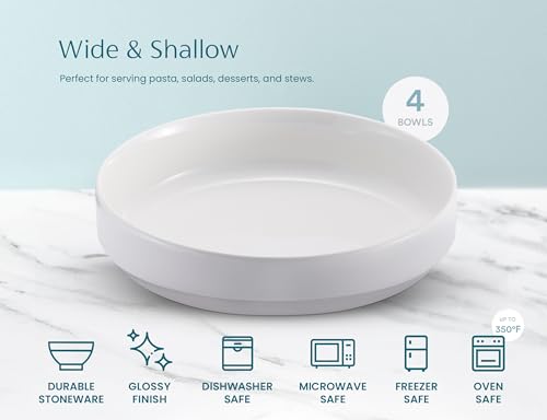 KooK Pasta Bowl, Bowl Plate, Low Bowl, Plate Bowls, Ceramic Large Shallow Bowls, Microwave and Dishwasher Safe, Great for Soups and Salads, Glossy Porcelain, 47 oz, Set of 4, White - color: White