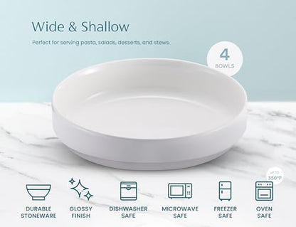 KooK Pasta Bowl, Bowl Plate, Low Bowl, Plate Bowls, Ceramic Large Shallow Bowls, Microwave and Dishwasher Safe, Great for Soups and Salads, Glossy Porcelain, 47 oz, Set of 4, White - color: White