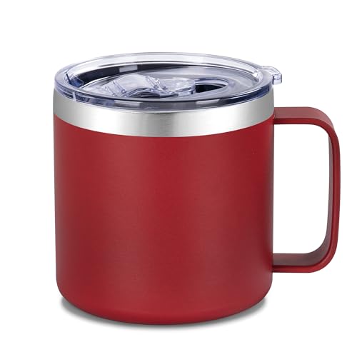 VEGOND 14 oz Insulated Coffee Mug with Handle, Stainless Steel Travel Coffee Mug with Lid, Double Wall Vacuum Metal Coffee Cup, Coffee Tumbler Powder Coated, Red 1 Pack - color: Red, size: 14 Ounces