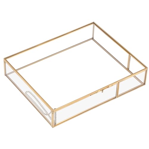 Hipiwe Gold Glass Photo Box - Large Display Case Organizer for 8x10 Photos | Vintage Glass Boxes with Hinged Lid Clear, Trinket Jewelry Display Organizers Keepsake Boxes for Home Decor - size: Large