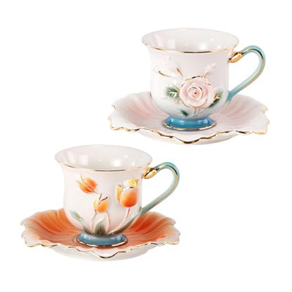 KAMMAK Tea Cups and Saucers Set of 2, Porcelain Coffee Cups, NX013 | Gold Rim, Stackable Espresso Mugs, Ceramic Demitasse for Coffee, Latte, Americano, Afternoon Tea, Elegant Gift for Women - size: 8CZNX013+14