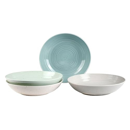 Sango Siterra Artist's Blend Stoneware Pasta Bowls (Set of 4) Multi Assorted Colors– Featuring Soft Gray, Blue, Green, and Ivory, for Everyday Dining & Entertainment, Microwave & Dishwasher Safe - color: Aqua Blend, size: Pasta Bowl Set