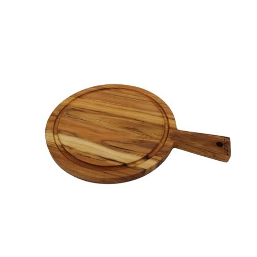 EcoDecors 14" Round Teak Cutting Board with Handle, FSC Certified Solid Wood, Edge Grain with Juice Groove, Carving Board for Kitchen & Prep - color: Round, size: 14"L x 10"W
