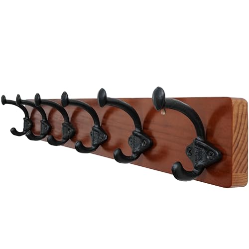 WEBI Rustic Coat Rack Wall Mount,24" Long 6 Cast Iron Coat Hooks Wall Mounted,Heavy Duty Farmhouse Wood Coat Hanger Wall Antique Vintage Hooks for Hanging Jacket,Clothes,Backpack,Cherry - color: Cherry, size: 24 Inch