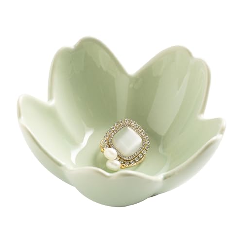 Flower Ring Holder Dish, Ceramic Jewelry Tray, Small Trinket Dish | Jewelry plate bowl works as a cute ring holder dish, adding aesthetic room decor and Christmas birthday gifts for women. - color: green