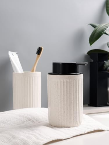 Bosilunlife Soap Dispenser and Toothbrush Holder Set - Dish Hand Soap Dispenser Bathroom Set Ceramic Bathroom Counter Soap Toothbrush Holder Set Beige Bathroom Accessories Set - color: Beige Cylinder Stripes Liquid Pump & Toothbrush Holder
