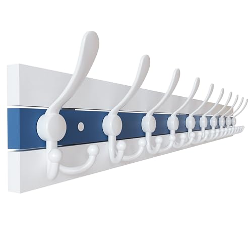 SKOLOO Coastal Wall Mounted Coat Rack - 38-1/8" Beach House Entryway Wooden Coat Hook with 10 Hooks for Hanging Coats, Hats or Towels, Oceanfront Cottage Core Collection, White & Blue - color: Blue & White Plates & White Hook, size: 1 Item-10 Hooks