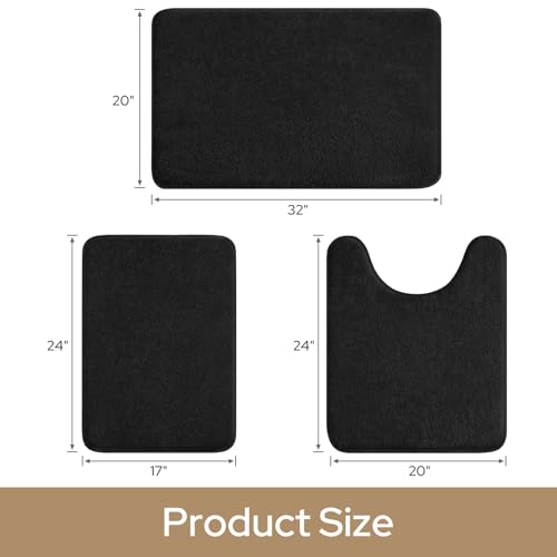 HOMEIDEAS Upgraded Bathroom Rugs Set 3 Piece, Ultra Soft Memory Foam Bath Mats, Super Absorbent Non Slip Washable U-Shaped Toilet Bath Rug (Black, 17"x24"+20"x32"+U-Shaped 20"x24") - color: Black