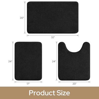 HOMEIDEAS Upgraded Bathroom Rugs Set 3 Piece, Ultra Soft Memory Foam Bath Mats, Super Absorbent Non Slip Washable U-Shaped Toilet Bath Rug (Black, 17"x24"+20"x32"+U-Shaped 20"x24") - color: Black