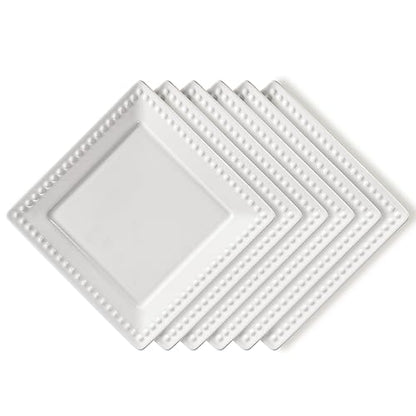 Embossed Ceramic Appetizer & Dessert Plates - Set of 6, 6 inch White Square Dinner Plates for Snack & Restaurant, Dishwasher & Microwave Safe - color: 6 inch-White- Dot-6pcs