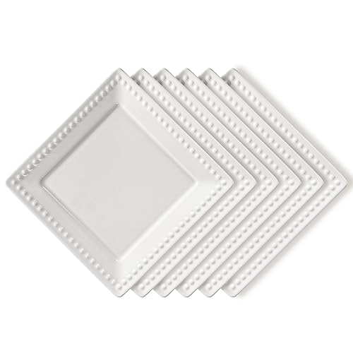 Embossed Ceramic Appetizer & Dessert Plates - Set of 6, 6 inch White Square Dinner Plates for Snack & Restaurant, Dishwasher & Microwave Safe - color: 6 inch-White- Dot-6pcs