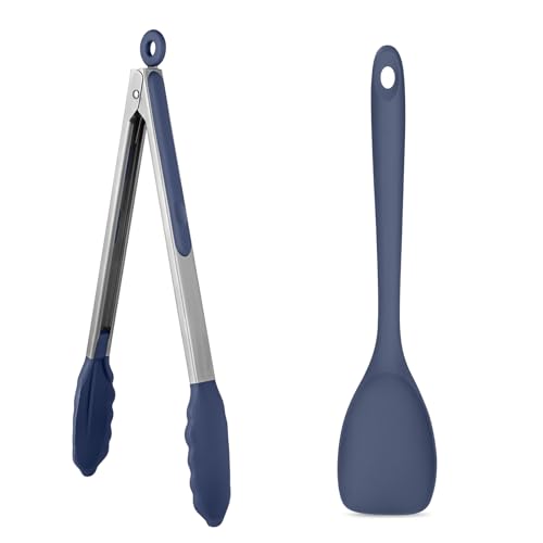 U-Taste 600ºF High Heat 12in Silicone Kitchen Tong and 600ºF Heat Resistat Spatula Spoon Flexible Silicone Cooking Scoop Spoonula (Midnight Blue)