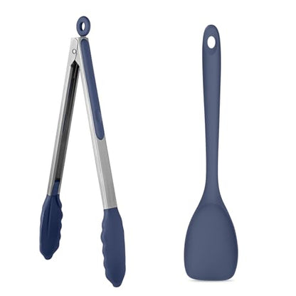 U-Taste 600ºF High Heat 12in Silicone Kitchen Tong and 600ºF Heat Resistat Spatula Spoon Flexible Silicone Cooking Scoop Spoonula (Midnight Blue)