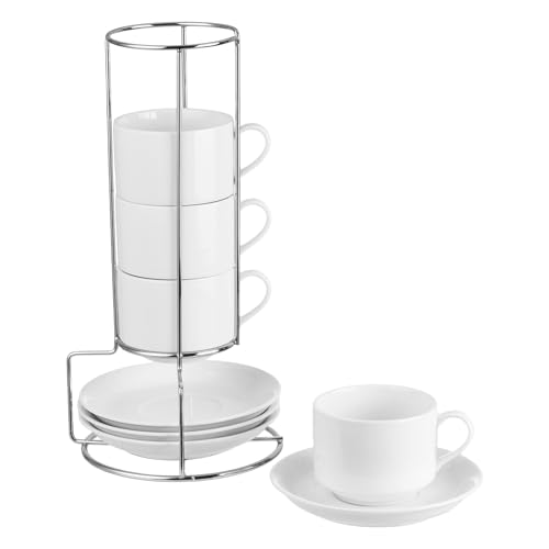 8oz Porcelain Cappuccino Cups with Saucers and Metal Stand, Stackable Coffee Cups for Specialty Coffee Drinks, Cappuccino, Latte, Espresso, Americano and Tea - White Cups Set of 4 - color: White, size: 8oz