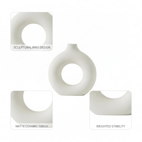 Ceramic Donut Vase, White Sculptural Ring Centerpiece for Shelf Mantel Desk Display (1 PC) - size: 7.28 x 2.17 x 7.48 in