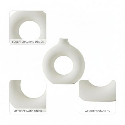 Ceramic Donut Vase, White Sculptural Ring Centerpiece for Shelf Mantel Desk Display (1 PC) - size: 7.28 x 2.17 x 7.48 in