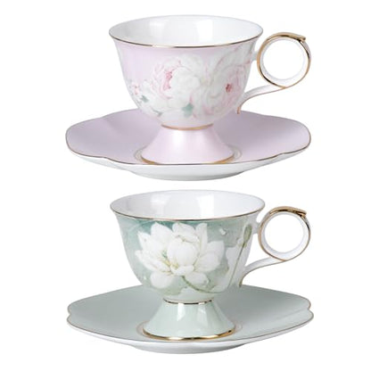 KAMMAK Tea Cups Set of 2,Ceramic Floral Pattern Demitasse Cup | Porcelain Espresso Cup with Saucer, 8.12 oz Handmade Elegant Bone China Tea Cups for Latte, Americano, Cappuccino - color: Sweet Dream & Lotus Melody