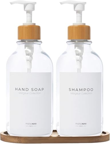 MaisoNovo Hand and Dish Soap Dispenser for Kitchen Set of 2-16.9oz Clear Dish and Hand Soap Dispenser Set for Kitchen - Clear Plastic Bottles x 2 with White Bamboo Pumps & Tray - color: Plastic Clear Bottles/White Bamboo Pumps