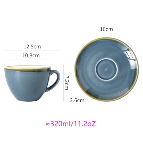 SHUER Ceramic Cappuccino Cup Set of 4, 11.2 OZ Cups and Saucers Set,Coffee Mocha Cup Sets,Black Coffee Cups and Glaze Americano Mug Great for Party and Low Tea Time (Blue 320ml) - size: Large(320ml)