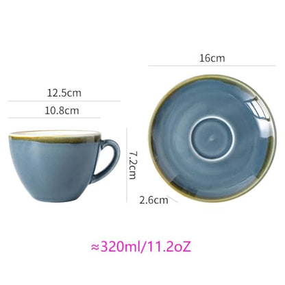 SHUER Ceramic Cappuccino Cup Set of 4, 11.2 OZ Cups and Saucers Set,Coffee Mocha Cup Sets,Black Coffee Cups and Glaze Americano Mug Great for Party and Low Tea Time (Blue 320ml) - size: Large(320ml)