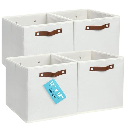 OrganiHaus 12x12 Cube Storage Bins, Set of 4 - Fabric Storage Cubes | Sturdy, holds its shape; odor-free; fits 12-inch cube shelves; vegan leather handles - color: Off-White, size: (12x12) Leather Handles