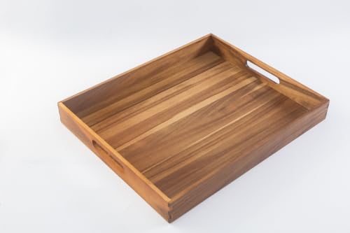 Large Wooden Serving Tray with Handles, Versatile Wood Butler Tray for Breakfast, Coffee Table, and Ottoman - color: 22"x18" Serving Tray - Acacia