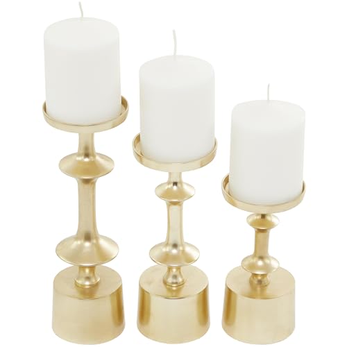 CosmoLiving by Cosmopolitan Aluminum Metal Decorative Candle Holder Pillar Candle Stand, Set of 3 Candlestick Holder 11", 9", 7" H, Gold - color: Gold