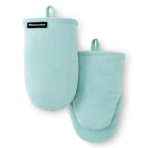 KITCHENAID Gourmet Series Gridlines Mini Oven Mitts 2-Pack Set, Heat Resistant up to 600°F, Soft Silicone Grip, Magnetic Cuff, Mineral Water Aqua, 5.5"x9" - color: Mineral Water Aqua