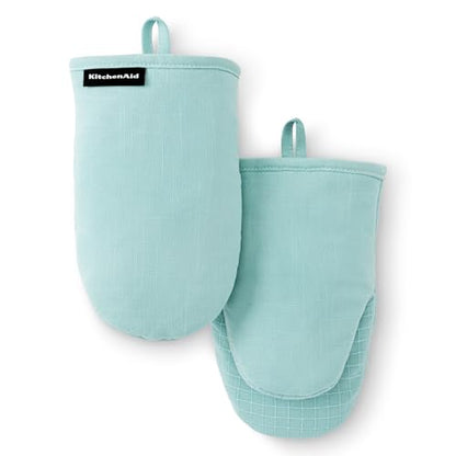 KITCHENAID Gourmet Series Gridlines Mini Oven Mitts 2-Pack Set, Heat Resistant up to 600°F, Soft Silicone Grip, Magnetic Cuff, Mineral Water Aqua, 5.5"x9" - color: Mineral Water Aqua