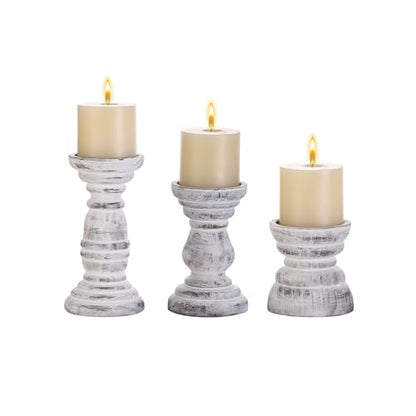 Rustic Wooden Pillar Candle Holders Set of 3 in Distressed White, Florence Style, Farmhouse Wooden Candle Holder, Wooden Candle Stand, Small Wooden Candlestick Holders, Living Room, Table Centerpiece