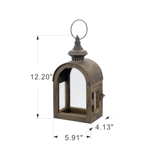 12" High Wooden Dome Lantern Made of Solid Fir Wood and Real Glass in Rustic Brown Finish with Rustic Metal Top, Hurricane Lantern, Farmhouse Lantern (1, Brown, Small) - color: Brown, size: 6"x4.4"