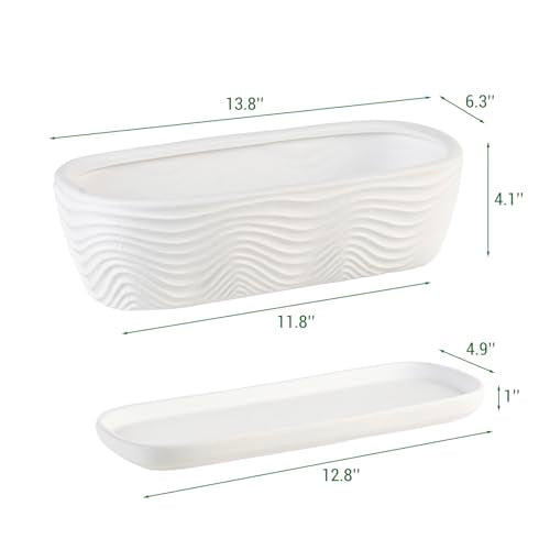 MyGift 12.5 inch Ceramic Planter, Modern Textured Rectangular Succulent Flower Plant Pot with Wave Design and Removable Drip Tray Saucer (White)