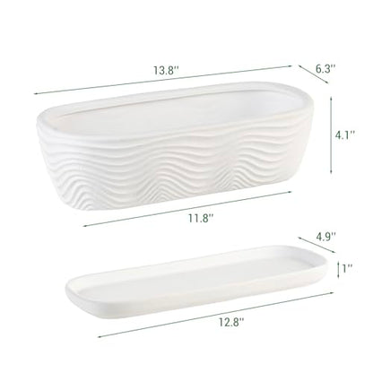 MyGift 12.5 inch Ceramic Planter, Modern Textured Rectangular Succulent Flower Plant Pot with Wave Design and Removable Drip Tray Saucer (White)