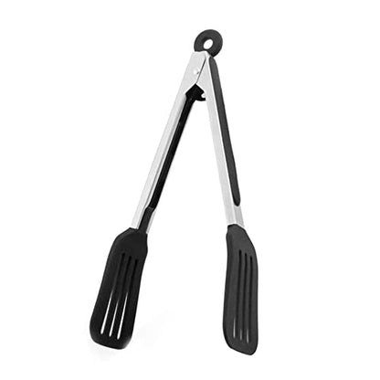 Cooking Tong 9 inches Stainless Steel Kitchen Silicone Serving Tong | Heat Resistant Meat Turner Spatula Tongs Fish Tongs for Grilling Steak Salad Pasta Buffet Serving (Black) - color: Black, size: 9 inch