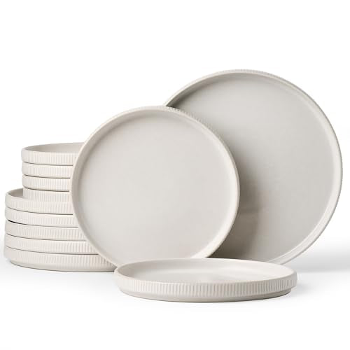 Famiware Star 12pc Stoneware Dinnerware Sets for 6-10.5" & 8" Flat Plates | Ceramic Dishes with Llipped Edges, Chip & Scratch Resistant, Microwave & Dishwasher Safe, Everyday Dining, Cappuccino White - color: Matte White, size: Service for 6 - Double Plat