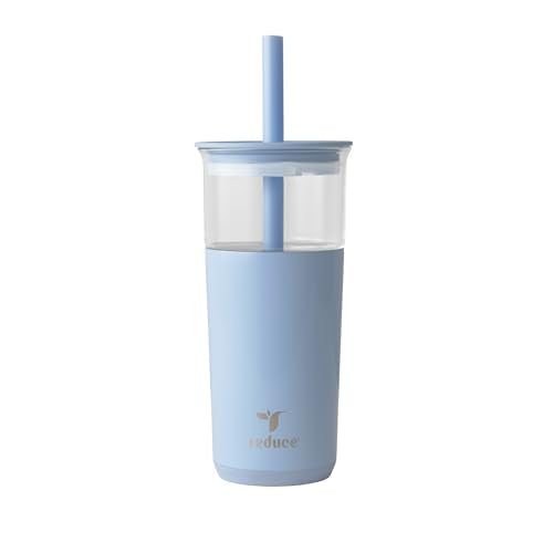 REDUCE Aspen - 20oz Vacuum Insulated Glass Tumbler - Extra Wide Straw & Lid | Keeps drinks cold for 12 hours, ideal for iced coffee, smoothies & boba, dishwasher safe, soft base - color: Glacier