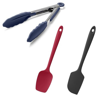 Doosu 600°F Heat Resistant Kitchen Tong for Cooking with Non-Scratch Silicone Tips (7in, Navy Blue) & 2-Piece Spatula Set BPA Free Rubber Scrapers for Kitchen Cooking Baking Stirring (Red+Black)