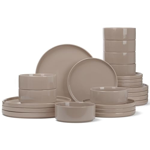 Famiware Nebula Plates and Bowls, 24-Piece Dinnerware Set, Cinnamon Brown | Stoneware Dish Set for 8, Dishwasher and Microwave Safe, Chip and Scratch Resistant - color: Cinnamon Brown, size: Service for 8 (Standard Dinner Set)