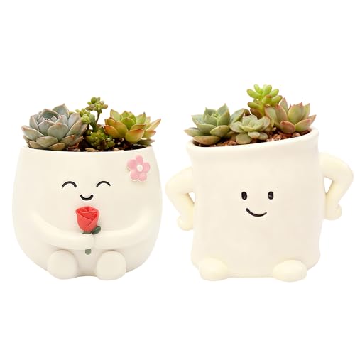 2 Pack Smiley Face Planter Pots with Drainage Hole, 3.5 Inch Cute Ceramic Succulent Pots, Funny Flower Planters for Indoor Outdoor Home Office Decor, Flower Vase Gift for Plant Lovers