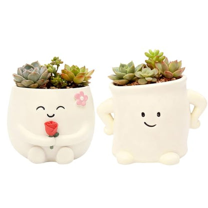 2 Pack Smiley Face Planter Pots with Drainage Hole, 3.5 Inch Cute Ceramic Succulent Pots, Funny Flower Planters for Indoor Outdoor Home Office Decor, Flower Vase Gift for Plant Lovers