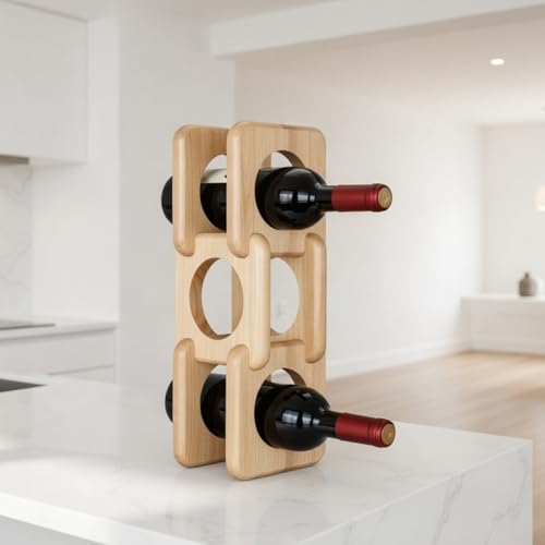 Novabright Detachable Wood Wine Rack Countertop 3 Bottle Display Stand Holder, Modern Tabletop Wine Bottle Holder for Home Bar, Kitchen & Dining Room Decor, Stylish Storage or Sculptural Accent