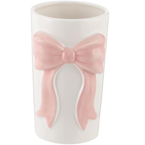 Pink Bow Ceramic Organizer 3.9x6.5in, Multi-Purpose Kitchen Utensil Holder | Charming 3D bow ornament, versatile storage for cookware, makeup brushes, stationery and mini flower bouquets