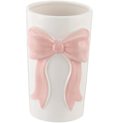 Pink Bow Ceramic Organizer 3.9x6.5in, Multi-Purpose Kitchen Utensil Holder | Charming 3D bow ornament, versatile storage for cookware, makeup brushes, stationery and mini flower bouquets
