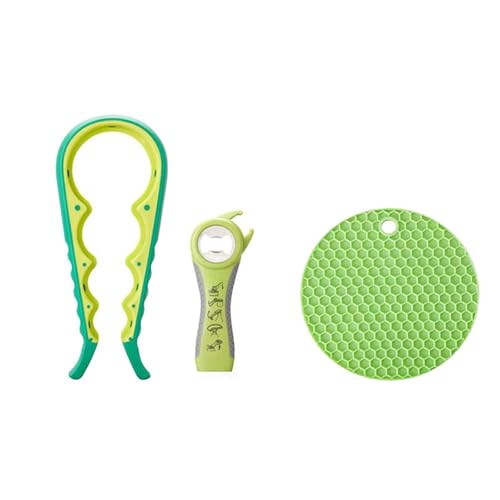3 Piece Jar Opener Labor Saving Tool Set For Seniors Arthritis Weak Hands | Lever eases arthritic wrist strain dual honeycomb silicone mat heat trivet compact dishwasher safe gift for elderly seniors - color: green and yellow