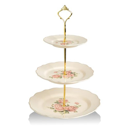 Sweejar 3 Tier Ceramic Cake Stand Wedding, Dessert Cupcake Stand for Tea Party Serving Platter(Rose) - color: Rose
