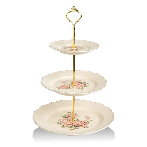 Sweejar 3 Tier Ceramic Cake Stand Wedding, Dessert Cupcake Stand for Tea Party Serving Platter(Rose) - color: Rose