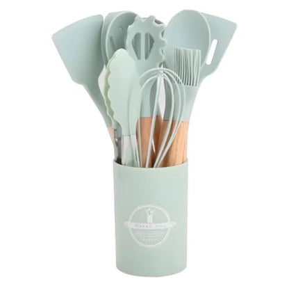 11 Piece Silicone Kitchen Utensil Set with Holder Heat Resistant Non Stick Cooking Tools with Wooden Handles Spatula Spoon Pasta Server Tongs Whisk Brush Black (Mint Green) - color: Mint Green