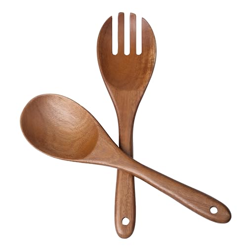 2 pcs Wooden Spoons for Cooking, 10.5 Inch wooden Salad servers of ladle and Fork Set, Acacia Wood Salads Kitchen Serving Utensils Set for Tossing, Mixing and Cooking - color: Acacia Wood
