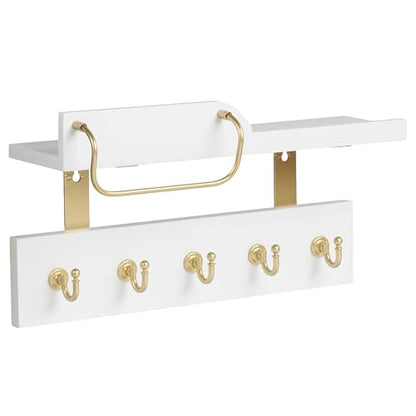 Tirzah Key Holder Wall Mount 2-Tier Real Wood White Entryway Organizer Floating Shelf with 5 Gold Metal Hooks, Sunglasses Holder Bar, Guard Rail for Keys, Mails, Hats (14" × 6" × 4")